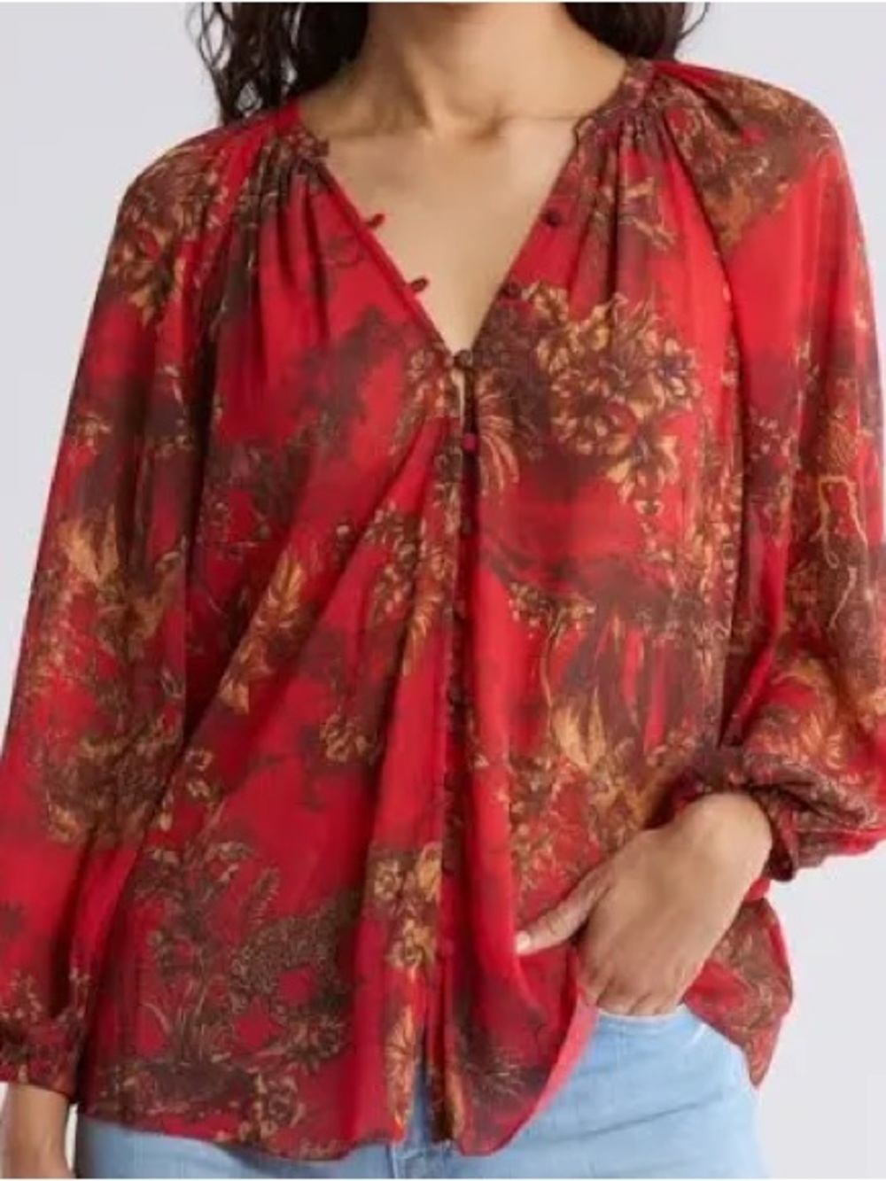L'AGENCE Red Floral Button-Front Peasant Blouse